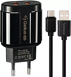 Мережевий зарядний пристрій Gelius Pro Avangard 2xUSB-A ports + USB Type-C cable black (GP-HC06)