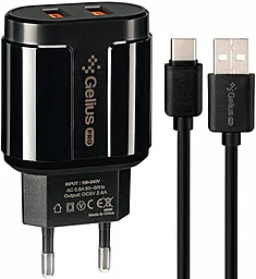 Мережевий зарядний пристрій Gelius GP-HC06 Pro Avangard 2.4a 2xUSB-A port charger + USB-C cable black - фото Мережевий зарядний пристрій Gelius GP-HC06 Pro Avangard 2.4a 2xUSB-A port charger + USB-C cable black