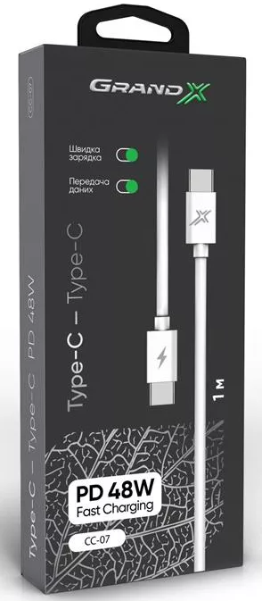 Кабель Grand-X USB Type-C - Type-C 48w 3a 1м PD cable White (CC-07) - фото 3