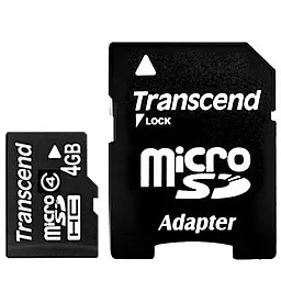 Карта пам'яті Transcend microSDHC 4GB Class 4 + SD-адаптер (TS4GUSDHC4) - фото Карта пам'яті Transcend microSDHC 4GB Class 4 + SD-адаптер (TS4GUSDHC4)