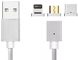 Магнітний кабель для зарядки NICHOSI Magnetic Clip-On 3-in-1 USB-A to Type-C/Lightning/micro USB 12w 2.4a 1м сable silver - фото Магнітний кабель для зарядки NICHOSI Magnetic Clip-On 3-in-1 USB-A to Type-C/Lightning/micro USB 12w 2.4a 1м сable silver