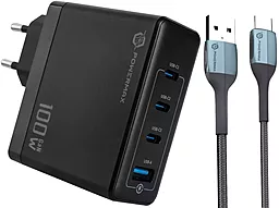Сетевое зарядное устройство Powermax Eclipse 100w GaN PD 3xUSB-C/USB-A ports charger + USB-C 66w cable black - фото Сетевое зарядное устройство Powermax Eclipse 100w GaN PD 3xUSB-C/USB-A ports charger + USB-C 66w cable black