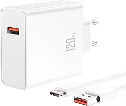 Мережевий зарядний пристрій XO L128 120w QC fast charger + USB Type-C cable white