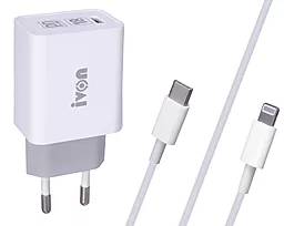 Сетевое зарядное устройство iVon AD-48 18w PD USB-C ports fast charger + USB-C to Lightning cable white - фото Сетевое зарядное устройство iVon AD-48 18w PD USB-C ports fast charger + USB-C to Lightning cable white
