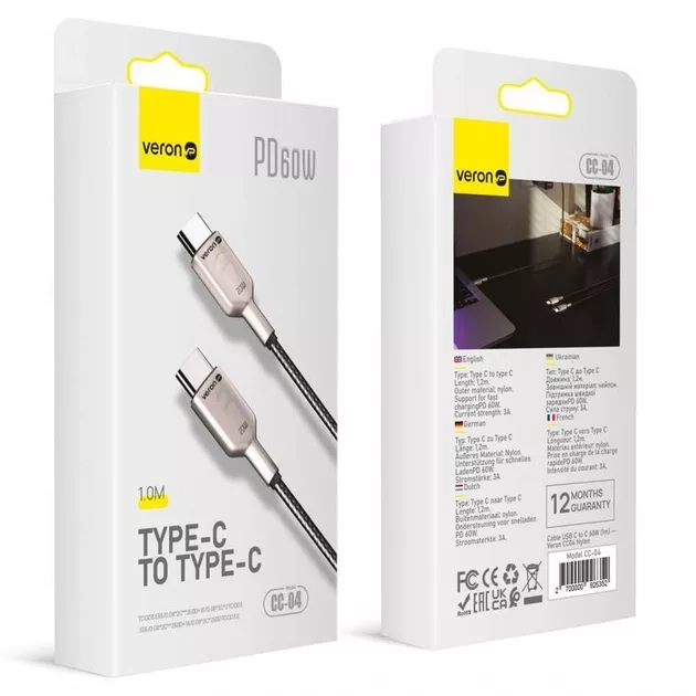 Кабель Veron CC04 USB Type-C - Type-C 60w 3a 1м PD cable Black - фото 3