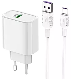Сетевое зарядное устройство с быстрой зарядкой Hoco C69A 22.5w QC3.0 home charger + USB-C cable white - фото Сетевое зарядное устройство с быстрой зарядкой Hoco C69A 22.5w QC3.0 home charger + USB-C cable white
