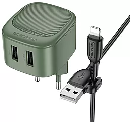 Сетевое зарядное устройство Borofone BAS21A Special 2a 2xUSB-A ports charger + Lightning cable olive/green - фото Сетевое зарядное устройство Borofone BAS21A Special 2a 2xUSB-A ports charger + Lightning cable olive/green