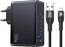 Мережевий зарядний пристрій Powermax Eclipse 100w GaN PD 3xUSB-C/USB-A ports charger + micro USB cable black - фото Мережевий зарядний пристрій Powermax Eclipse 100w GaN PD 3xUSB-C/USB-A ports charger + micro USB cable black