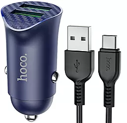 Автомобильное зарядное устройство с быстрой зарядкой Hoco Z39 18w QC3.0 2xUSB-A ports car charger + USB-C cable blue - фото Автомобильное зарядное устройство с быстрой зарядкой Hoco Z39 18w QC3.0 2xUSB-A ports car charger + USB-C cable blue