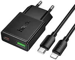 Мережевий зарядний пристрій Hoco N73 20w PD USB-C/USB-A ports charegr + USB-C to Lightning cable black - фото Мережевий зарядний пристрій Hoco N73 20w PD USB-C/USB-A ports charegr + USB-C to Lightning cable black