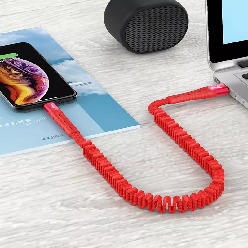 Кабель Hoco U78 Cotton Treasure Elastic USB-A - Lightning 12w 2.4a 1.2м cable Red - фото 3