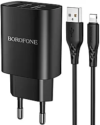 Сетевое зарядное устройство Borofone BN2 Super Fast 2.1a 2xUSB-A ports charger + Lightning cable black - фото Сетевое зарядное устройство Borofone BN2 Super Fast 2.1a 2xUSB-A ports charger + Lightning cable black