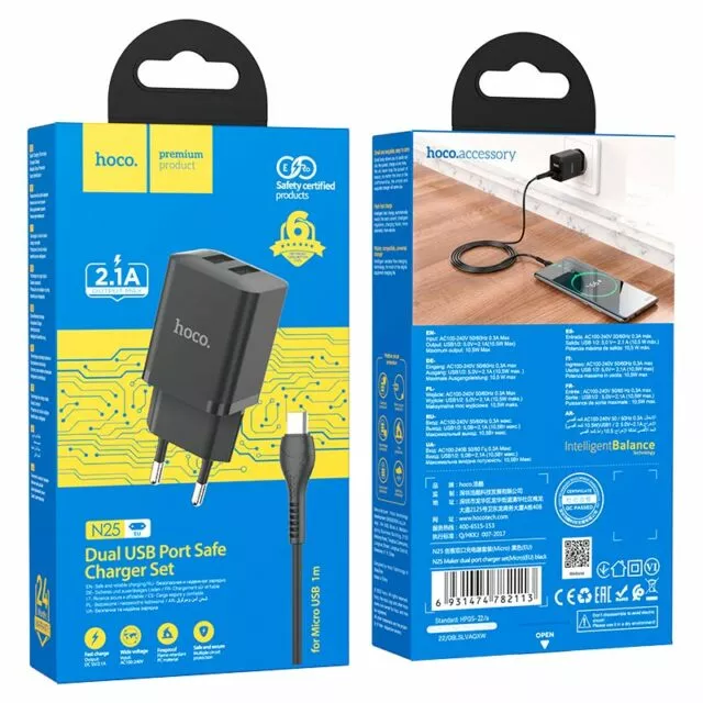 Мережевий зарядний пристрій Hoco N25 2.1a 2xUSB-A ports charger + mirco USB cable black - фото 5