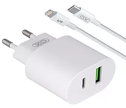 Сетевое зарядное устройство XO L81A 20W PD+QC3.0 USB-C+A + USB-C - Lightning Cable White