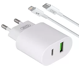 Мережевий зарядний пристрій XO L81A 20w PD USB-C/USB-A ports charger + USB-C to Lightning cable white