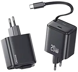 Мережевий зарядний пристрій Usams 20w GaN PD USB-C fast charger + USB-C cable black (CC233) - фото Мережевий зарядний пристрій Usams 20w GaN PD USB-C fast charger + USB-C cable black (CC233)