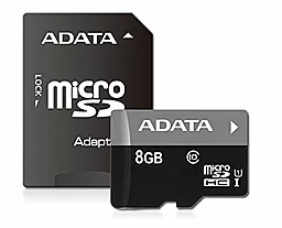 Карта пам'яті ADATA microSDHC 8GB Premier Class 10 UHS-I U1 + SD-адаптер (AUSDH8GUICL10-RA1) - фото Карта пам'яті ADATA microSDHC 8GB Premier Class 10 UHS-I U1 + SD-адаптер (AUSDH8GUICL10-RA1)