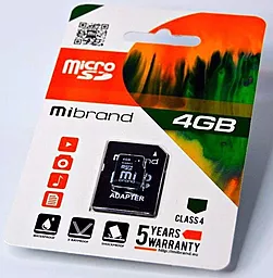 Карта памяти Mibrand microSDHC 4GB Class 4 + SD-адаптер (MICDC4/4GB-A)