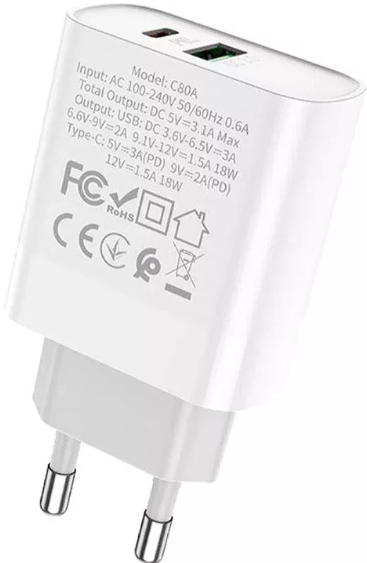 Сетевое зарядное устройство с поддержкой быстрой зарядки Hoco C80A USB + USB Type-C Port PD 3.1A White - фото 2