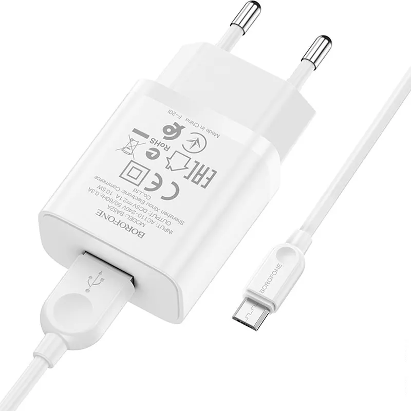 Сетевое зарядное устройство Borofone BA52A Gamble 2.1a home charger + micro USB cable white - фото 3