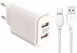 Сетевое зарядное устройство XO L90C 2.4a 2xUSB-A ports charger + USB-C cable white - фото Сетевое зарядное устройство XO L90C 2.4a 2xUSB-A ports charger + USB-C cable white