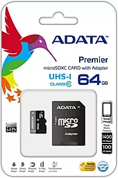 Карта пам'яті ADATA microSDXC 64GB Premier Class 10 UHS-I U1 (AUSDX64GUICL10-RA1) - мініатюра 2