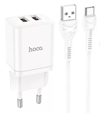 Сетевое зарядное устройство Hoco N25 2.1a 2xUSB-A ports charger + USB-C cable white - фото 1