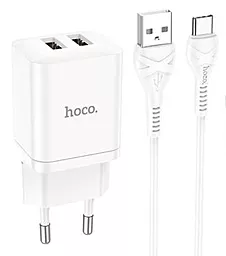 Сетевое зарядное устройство Hoco N25 2.1a 2xUSB-A ports charger + USB-C cable white - фото Сетевое зарядное устройство Hoco N25 2.1a 2xUSB-A ports charger + USB-C cable white