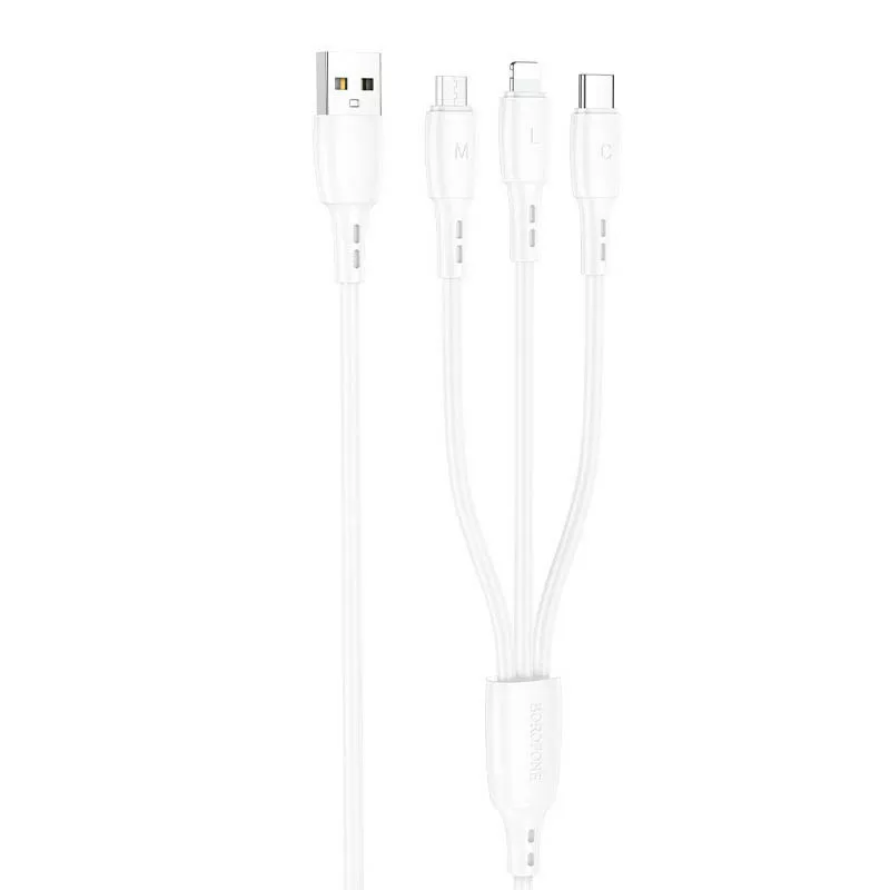 Универсальный кабель Borofone BX71 3-in-1 USB-A to Type-C/Lightning/micro USB 10w 2a 1м сable White - фото 1