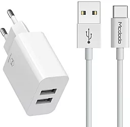 Мережевий зарядний пристрій McDodo 12W 2.4A 2xUSB-A + USB-C Cable White (CH-6721)