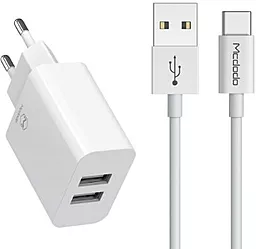 Сетевое зарядное устройство McDodo 12W 2.4A 2xUSB-A + USB-C Cable white (CH-6721) - фото Сетевое зарядное устройство McDodo 12W 2.4A 2xUSB-A + USB-C Cable white (CH-6721)