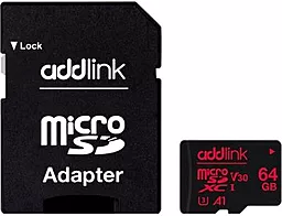 Карта пам'яті AddLink microSDXC 64GB Class 10 UHS-I U3 V30 A1 + SD-адаптер (ad64GBMSXU3A) - фото Карта пам'яті AddLink microSDXC 64GB Class 10 UHS-I U3 V30 A1 + SD-адаптер (ad64GBMSXU3A)
