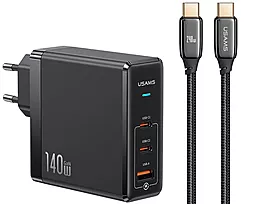 Сетевое зарядное устройство Usams 140w PD GaN 2xUSB-C/USB-A ports fast charger + USB- C to USB-C cable black (US-CC168) - фото Сетевое зарядное устройство Usams 140w PD GaN 2xUSB-C/USB-A ports fast charger + USB- C to USB-C cable black (US-CC168)