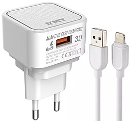 Сетевое зарядное устройство EMY MY-A302Q 18w QC3.0 home charger + Lightning cable white (MY-A302Q-LW) - фото Сетевое зарядное устройство EMY MY-A302Q 18w QC3.0 home charger + Lightning cable white (MY-A302Q-LW)