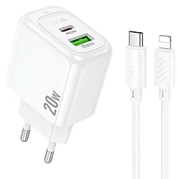Мережевий зарядний пристрій Hoco CS54A 20w PD/QC USB-C/USB-A ports fast charger + USB-C to Lightning cable white - фото Мережевий зарядний пристрій Hoco CS54A 20w PD/QC USB-C/USB-A ports fast charger + USB-C to Lightning cable white