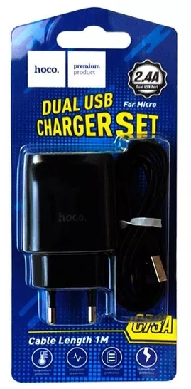Сетевое зарядное устройство Hoco C73A 2.4a 2xUSB-A ports charger + micro USB cable black - фото 5