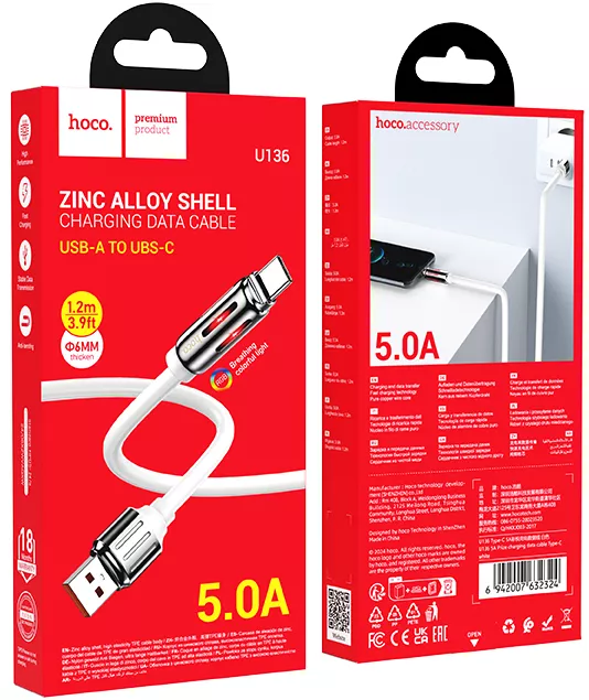 Кабель Hoco U136 USB-A - Type-C 60w 5a 1.2м cable White - фото 4