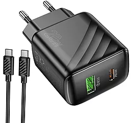 Сетевое зарядное устройство Hoco CS25A 20w PD/QC USB-C/USB-A ports fast charger + USB-C to USB-C cable black - фото Сетевое зарядное устройство Hoco CS25A 20w PD/QC USB-C/USB-A ports fast charger + USB-C to USB-C cable black