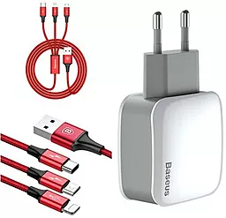 Сетевое зарядное устройство Baseus Letour Dual U Charger(EU)+3-in-1 Red Cable (Apple+Micro+Type-C) White/Silver (TZCL-D92)