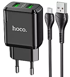Сетевое зарядное устройство с быстрой зарядкой Hoco N6 18w QC3.0 2xUSB-A ports charger + micro USB cable black