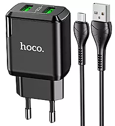 Сетевое зарядное устройство с быстрой зарядкой Hoco N6 18w QC3.0 2xUSB-A ports charger + micro USB cable black - фото Сетевое зарядное устройство с быстрой зарядкой Hoco N6 18w QC3.0 2xUSB-A ports charger + micro USB cable black