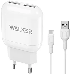 Сетевое зарядное устройство Walker WH-33 2.1a 2xUSB-A ports charger + USB-C cable white - миниатюра 2