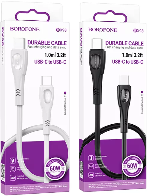 Кабель Borofone BX98 Superior USB Type-C - Type-C 60w 3a 1м PD cable Gray - фото 4