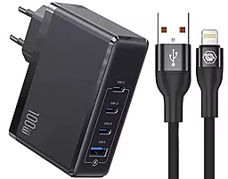 Мережевий зарядний пристрій Powermax Eclipse 100w GaN PD 3xUSB-C/USB-A ports charger + Lightning cable black - фото Мережевий зарядний пристрій Powermax Eclipse 100w GaN PD 3xUSB-C/USB-A ports charger + Lightning cable black