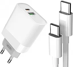 Мережевий зарядний пристрій XO L64 18W PD/QC3 USB-A+C + USB C-C Cable White