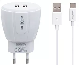 Сетевое зарядное устройство Moxom KH-68 2.1a 2xUSB-A ports charger + USB-C cable white - фото Сетевое зарядное устройство Moxom KH-68 2.1a 2xUSB-A ports charger + USB-C cable white
