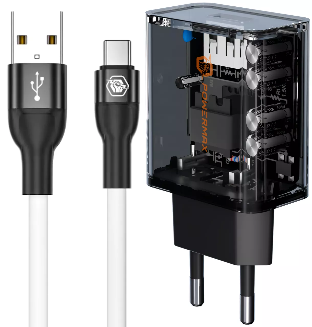 Сетевое зарядное устройство с быстрой зарядкой Powermax Transparent Silicat 18W + USB-C cable Black - фото 1