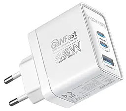 Сетевое зарядное устройство Promate PowerPort 45w GanFast PD/QC3.0 2xUSB-C/USB-A fast charger White - фото Сетевое зарядное устройство Promate PowerPort 45w GanFast PD/QC3.0 2xUSB-C/USB-A fast charger White