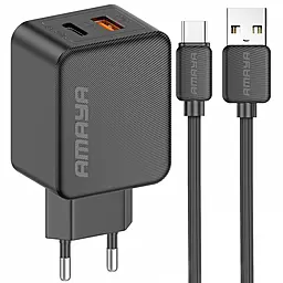 Сетевое зарядное устройство Amaya E113UC 25w PD/QC3.0 USB-A/USB-C port fast charger + USB-A - Type-C cable Black - фото Сетевое зарядное устройство Amaya E113UC 25w PD/QC3.0 USB-A/USB-C port fast charger + USB-A - Type-C cable Black