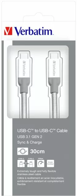 Мультимедийный кабель Verbatim USB3.1 Type-C - Type-C 15w 3a 0.3м 10gbps data cable Silver - фото 6